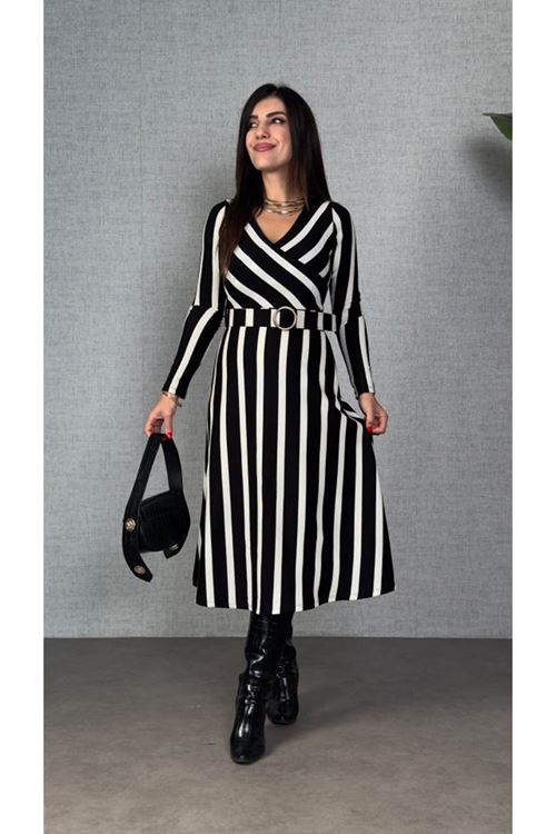 Kadın Uzun Kollu Kruvaze Yaka Kemer Dahil çizgili Triko Elbise