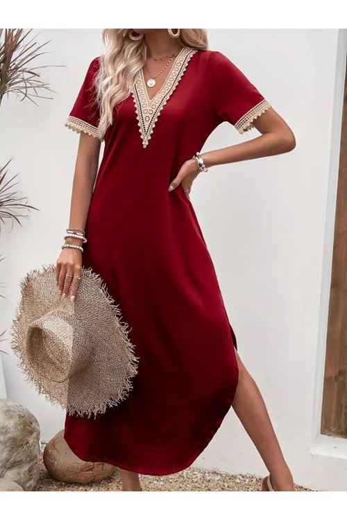 Kadın Kısa Kollu Dantel V Yakalı Uzun Viskon Elbise