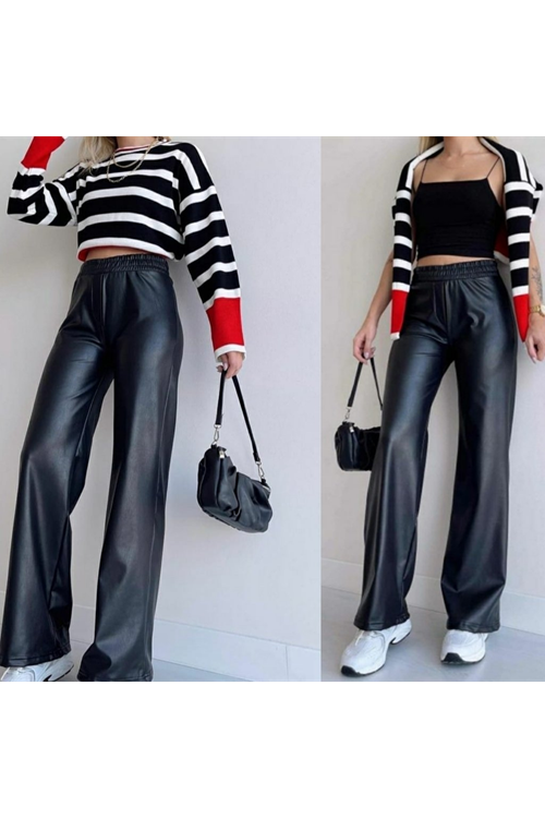 Kadın Yüksek Bel Beli Lastikli Geniş Paçalı Deri Pantolon