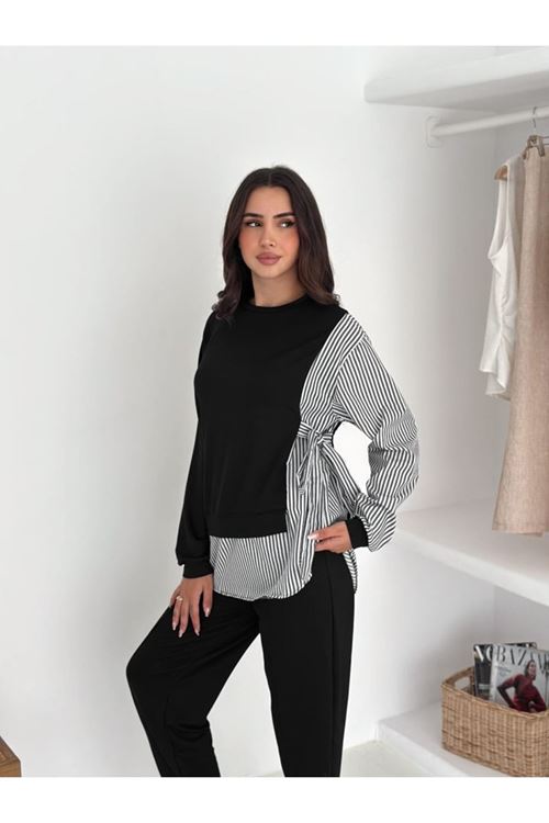 Kadın Gömlek Detay çizgili Yandan Bağlamalı Ikili Takım