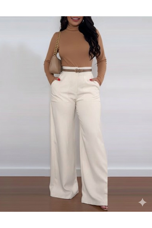 Kadın Yüksek Bel Geniş Paça Detaylı Cepli Ithal Krep Pantolon