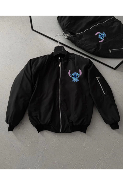 Uzun Kol Astarlı Tam Kalıp Baskılı Bomber Ceket - Siyah