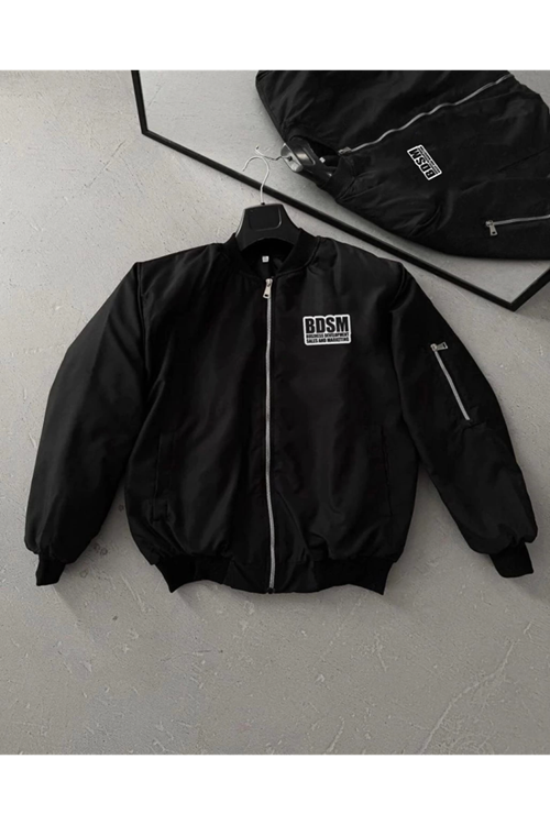 İçi Kapitone Astarlı Tam Kalıp Baskılı Bomber Ceket - Siyah