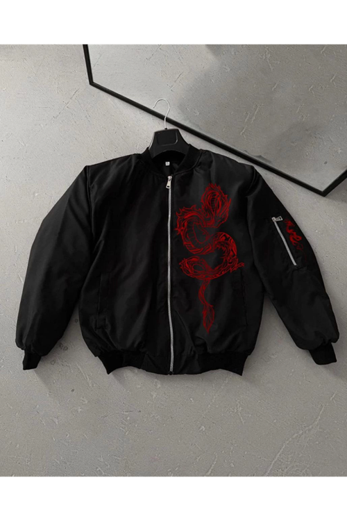 Tam Fermuarlı Uzun Kol Baskılı Bomber Ceket - Siyah