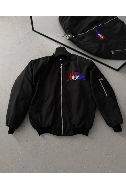 Tam Fermuarlı Uzun Kol Baskılı Bomber Ceket - Siyah