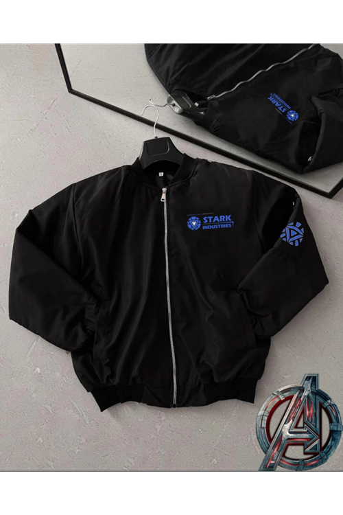 Tam Kalıp Uzun Kol Baskılı Bomber Ceket - Siyah