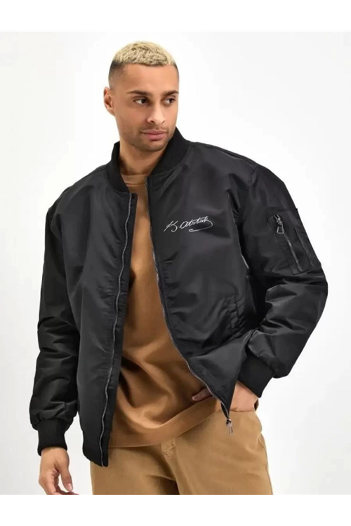 Unisex Uzun Kol Baskılı Bomber Ceket - Siyah