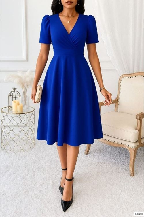 Kadın Kruvaze Yaka Kısa Kollu Midi Boy Krep Kumaş Elbise