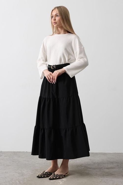 Pamuklu Beli Lastikli Etek - Siyah