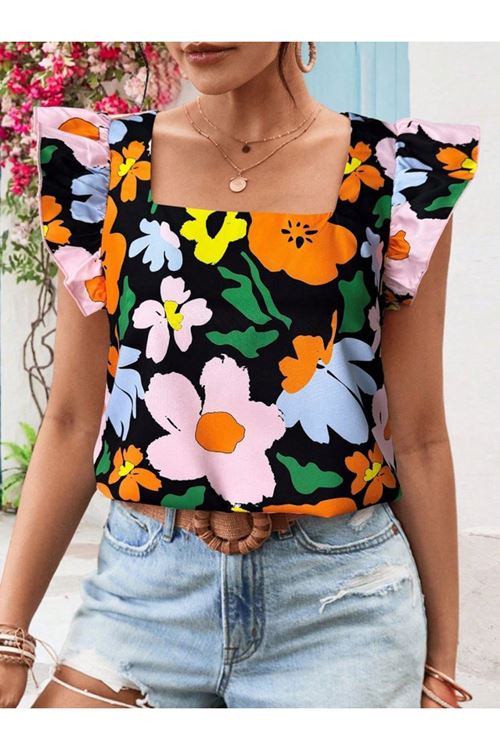 Kadın Kısa Fırfır Kollu Kare Yaka çiçek Desenli Ithal Keten Bluz