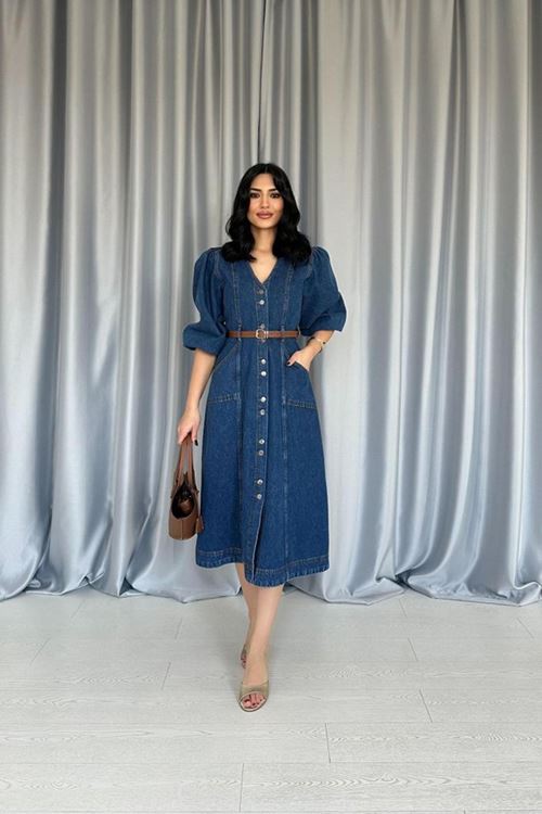 Mavi Balon Kol Kot Elbise