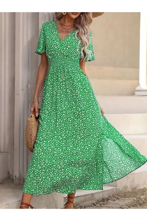 Kadın Kısa Kollu Kruvaze Yaka Beli Lastikli Yanlardan Yırtmaçlı Uzun çiçekli Elbise