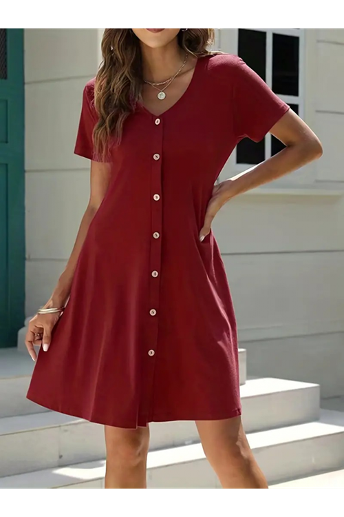 Kadın Kısa Kollu V Yaka önü Düğmeli Viskon Elbise