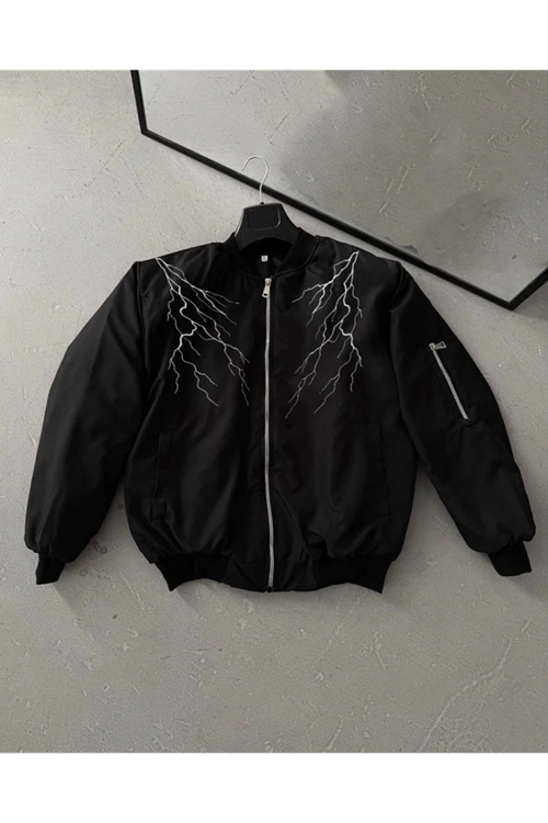 Yıldırım Baskılı Uzun Kol Bomber Ceket - Siyah