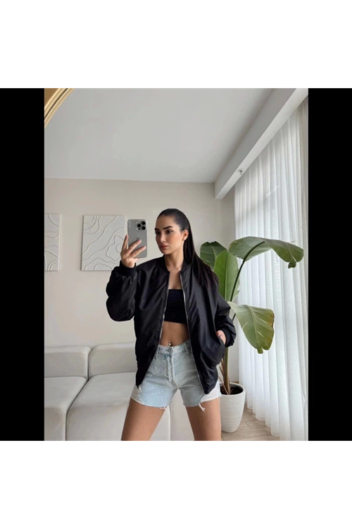 Unisex İçi Astarlı Düz Bomber Ceket - Siyah