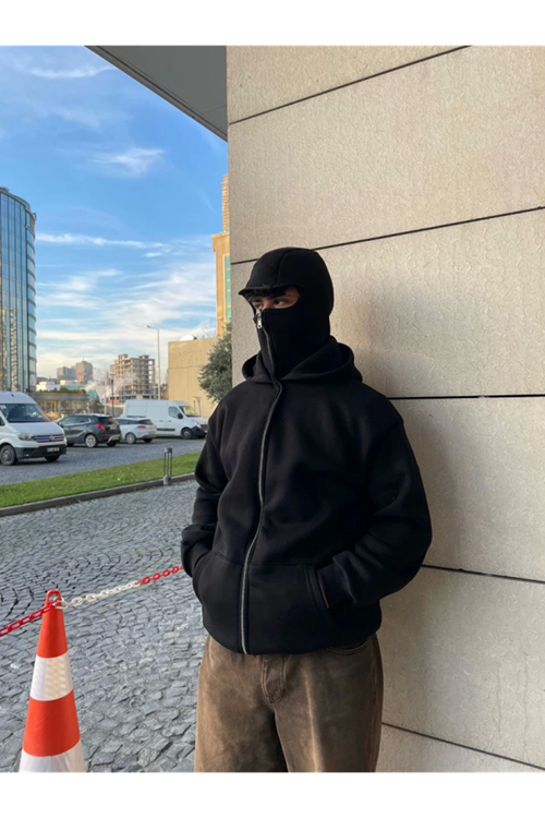 Samuray Kapüşonlu ZIP Fermuarlı Kapüşonlu SweatShirt - Siyah