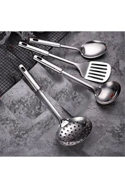 BUFFER® 4lü Çelik Kepçe,Süzgeç,Servis Kaşığı,Spatula Mutfak Yemek Hazırlama Servis Seti