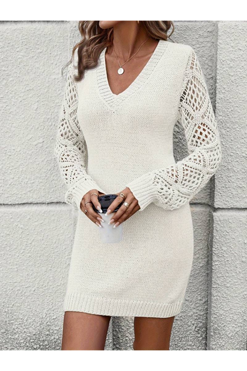 Kadın Uzun Kollu V Yakalı Mini Triko Elbise