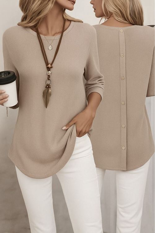 Kadın Uzun Kollu Yuvarlak Yaka Arkadan Düğmeli Waffle Bluz