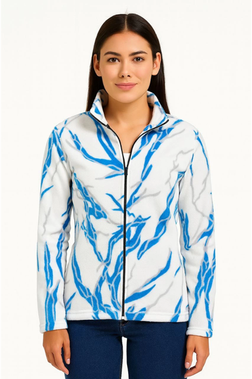 Tam Fermuarlı Desenli Polar Sweat Lightning Desen Yakalı, Uzun Kollu, Oversize Rahat Kalıp - Beyaz