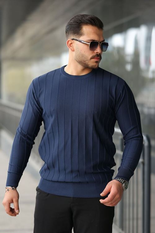 Erkek Bisiklet Yaka çizgi Kabartmalı Uzun Kollu Triko