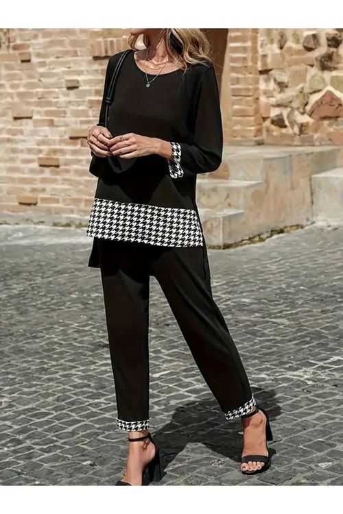 Kadın Uzun Kollu Yuvarlak Yakalı Kaz Ayağı Detaylı Viskon Iki Iplik Bluz Ve Pantolon Ikili Takım