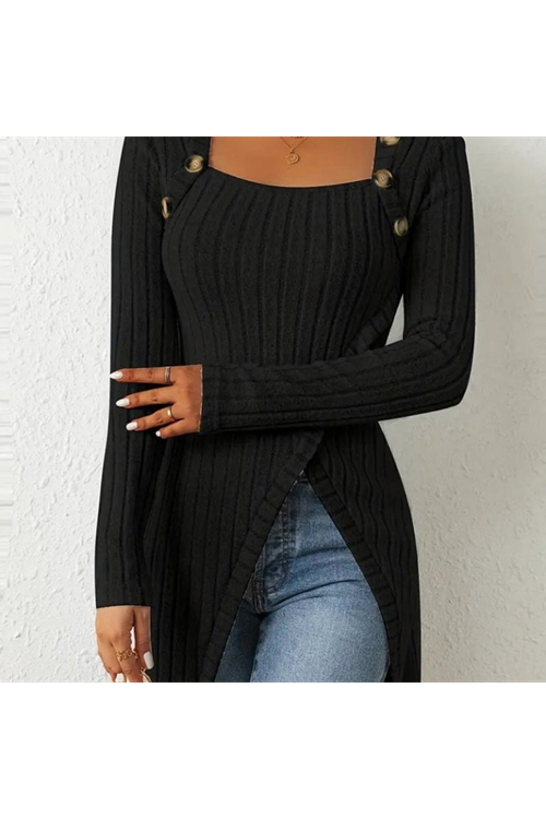 Kadın Uzun Kollu Derin Kare Yaka Düğme Detay şardonlu Kaşkorse Kruvaze Bluz