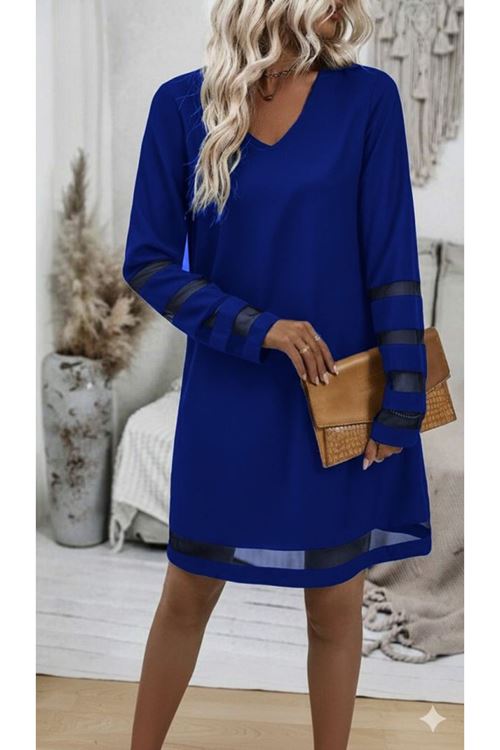 Kadın Uzun Kollu V Yakalı Tül şerit Detaylı Mini Krep Elbise