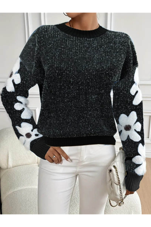 Kadın Uzun Kollu Bisiklet Yaka çiçek Desenli Triko Bluz