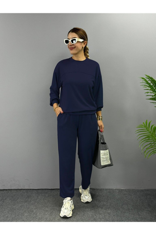 Kadın Uzun Kollu Bisiklet Yaka Viskon Iki Iplik Bluz Ve Pantolon Ikili Takım