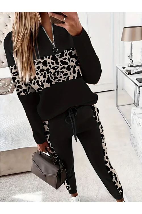 Kadın Uzun Kollu Fermuarlı Karışık Desenli Viskon Iki Iplik Bluz Ve Pantolon Ikili Takım