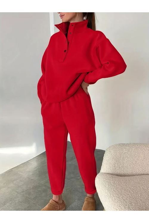 Kadın Uzun Kollu Balıkçı Dik Yakalı Düğmeli üç Iplik Bluz Ve Pantolon Ikili Takım