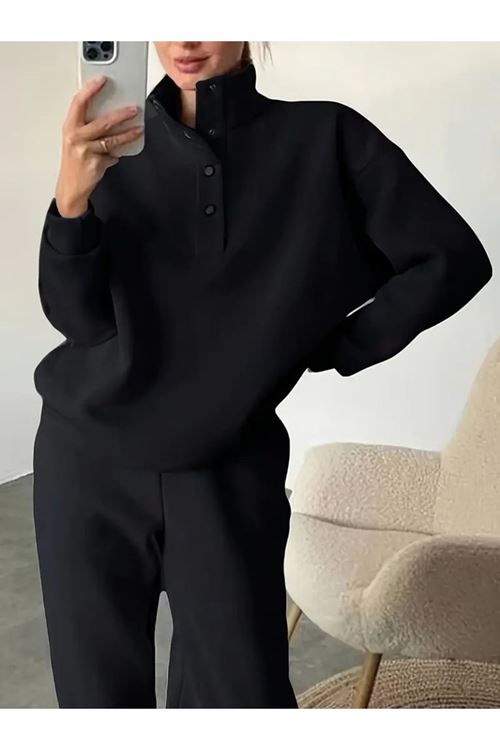 Kadın Uzun Kollu Balıkçı Dik Yakalı Düğmeli üç Iplik Bluz Ve Pantolon Ikili Takım