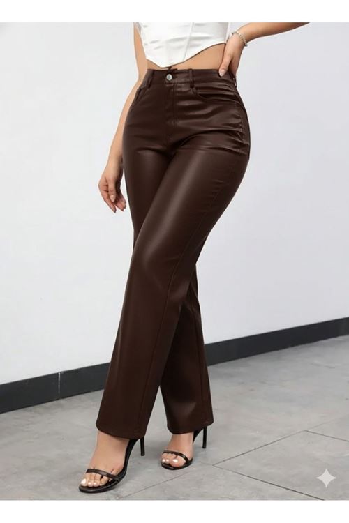 Kadın Yüksek Bel Cepli Deri Pantolon