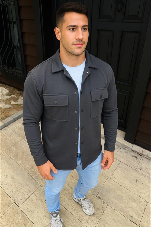 Erkek Diagonal Kumaş Cepli Çıtçıtlı Uzun Kollu, Gömlek Oversize Rahat Kalıp Günlük Şık Stil - Füme