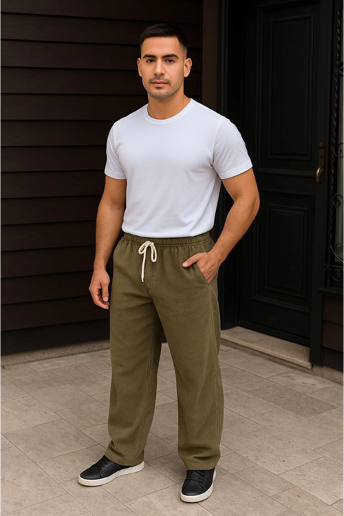 Erkek Fitilli Kadife Cepli Buggy Pantolon Oversize Rahat Kalıp - Haki