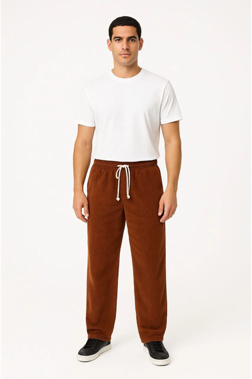 Erkek Fitilli Kadife Cepli Buggy Pantolon Oversize Rahat Kalıp - Kahverengi