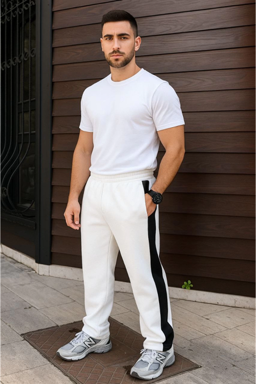 Erkek Üç İplik Kışlık Pamuklu Yandan Garneli Kalın Şeritli Cepli Eşofman Altı - Beyaz