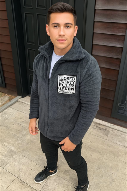 Erkek Polar Fermuarlı Sweatshirt – Kapüşonsuz, Cepli, Yumuşak Dokulu, Oversize Rahat Kalıp, Kışlık Sıcak Tutan Fermuarlı Üst - Füme