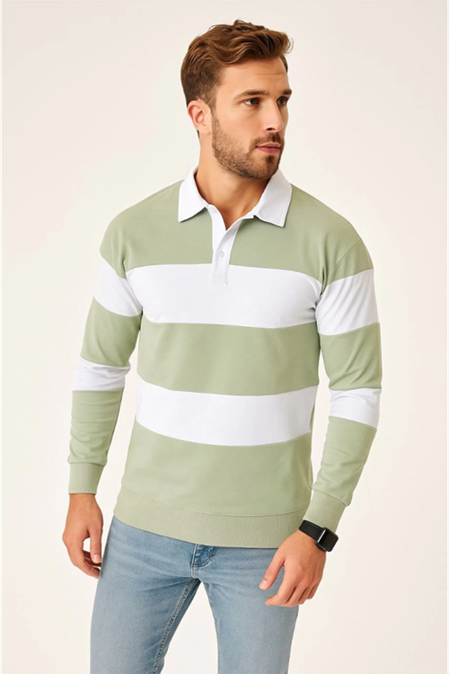 Erkek Polo Yaka Uzun Kollu Çizgili Sweatshirt Trend Rugby Stil - Mint Yeşili