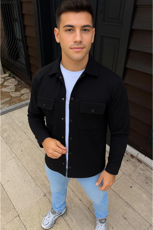 Erkek Diagonal Kumaş Cepli Çıtçıtlı Uzun Kollu, Gömlek Oversize Rahat Kalıp Günlük Şık Stil - Siyah