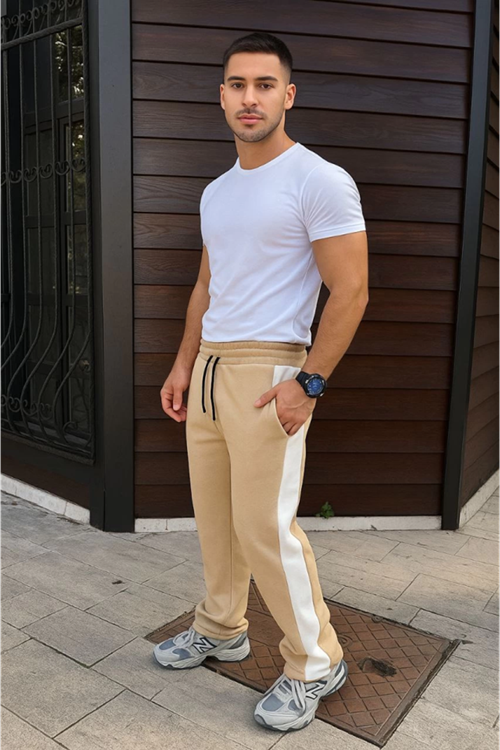 Erkek Üç İplik Kışlık Pamuklu Yandan Garneli Kalın Şeritli Cepli Eşofman Altı - Bej