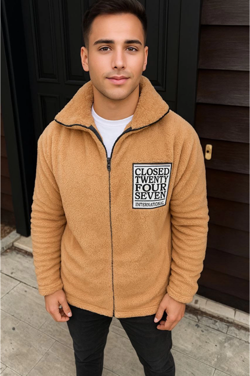 Erkek Polar Fermuarlı Sweatshirt – Kapüşonsuz, Cepli, Yumuşak Dokulu, Oversize Rahat Kalıp, Kışlık Sıcak Tutan Fermuarlı Üst - Kahverengi