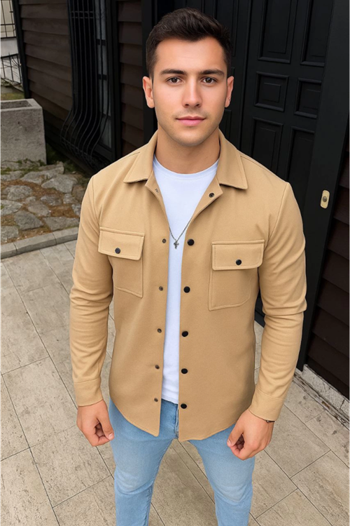 Erkek Diagonal Kumaş Cepli Çıtçıtlı Uzun Kollu, Gömlek Oversize Rahat Kalıp Günlük Şık Stil - Bej