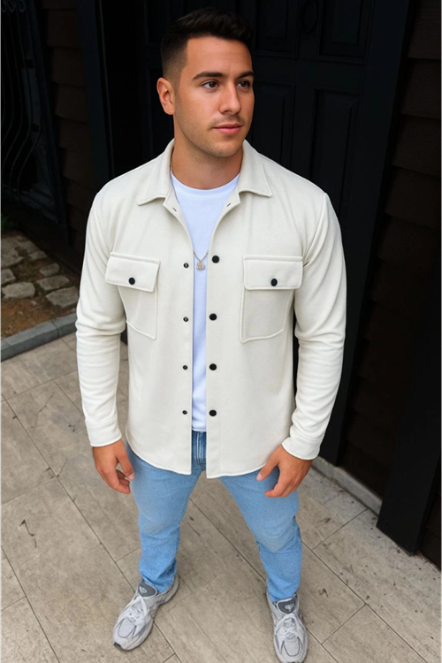 Erkek Diagonal Kumaş Cepli Çıtçıtlı Uzun Kollu, Gömlek Oversize Rahat Kalıp Günlük Şık Stil - Beyaz