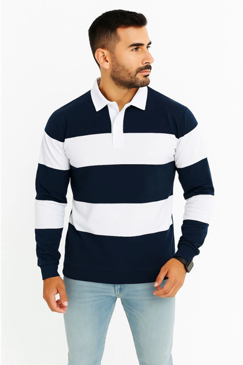 Erkek Polo Yaka Uzun Kollu Çizgili Sweatshirt Trend Rugby Stil - Lacivert