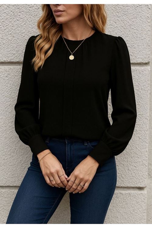 Kadın Uzun Kollu Bisiklet Yaka Pileli Ithal Krep Bluz