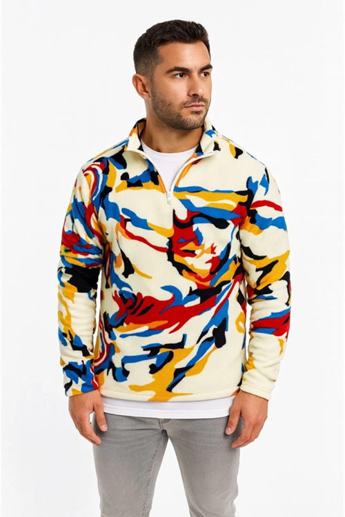 Erkek Yarım Fermuarlı Desenli Polar Sweat – Renkli Abstract Desen Yakalı, Uzun Kollu, Oversize Rahat Kalıp,  - Beyaz