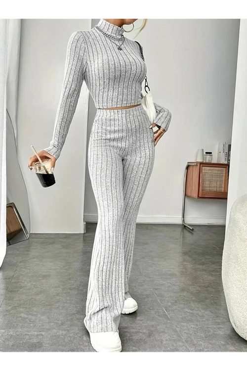 Kadın Uzun Kollu Balıkçı Yaka Krop Ve Pantolon şardonlu Kaşkorse Ikili Takım