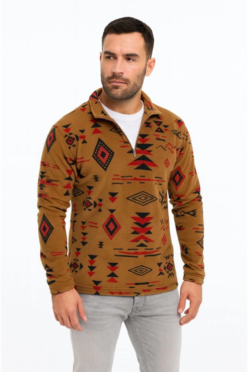 Erkek Yarım Fermuarlı Desenli Polar Sweat Tribal Etnik Desen Yakalı, Uzun Kollu, Oversize Rahat Kalıp, - Kahverengi